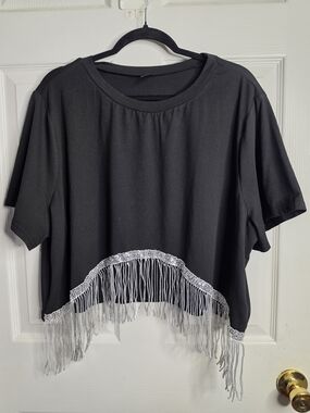 SHEIN Black Crop Top with Silver Fringe Hem